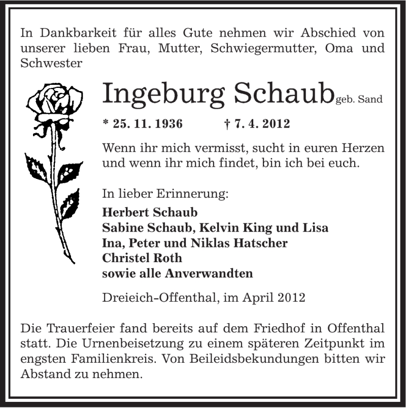  Traueranzeige für Ingeburg Schaub vom 19.04.2012 aus OFFENBACH-POST/HANAU-POST