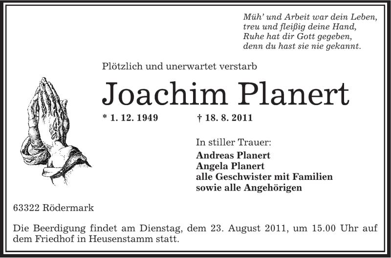  Traueranzeige für Joachim Planert vom 20.08.2011 aus OFFENBACH-POST/HANAU-POST