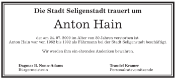 Traueranzeige von Anton Hain von OFFENBACH-POST/HANAU-POST