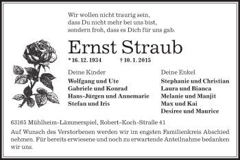 Traueranzeige von Ernst Straub von Offenbach