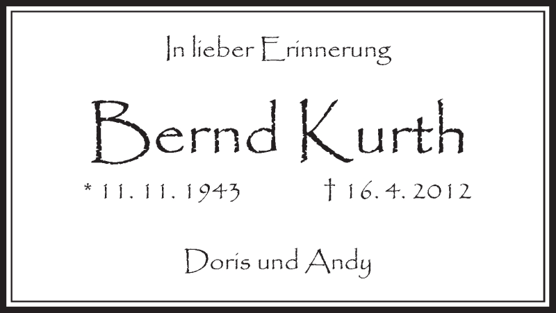  Traueranzeige für Bernd Kurth vom 16.04.2015 aus Offenbach
