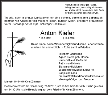 Traueranzeige von Anton Kiefer von OFFENBACH-POST/HANAU-POST