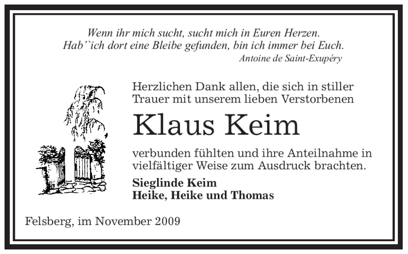  Traueranzeige für Klaus Keim vom 12.11.2009 aus OFFENBACH-POST/HANAU-POST