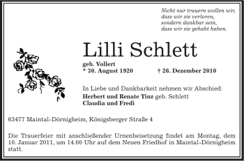 Traueranzeige von Lilli Schlett von OFFENBACH-POST/HANAU-POST