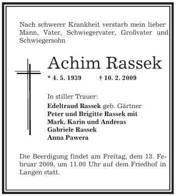 Traueranzeige von Achim Rassek von OFFENBACH-POST/HANAU-POST