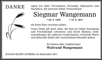 Traueranzeige von Siegmar Wangemann von OFFENBACH-POST/HANAU-POST