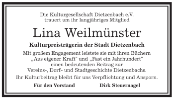 Traueranzeige von Lina Weilmünster von OFFENBACH-POST/HANAU-POST