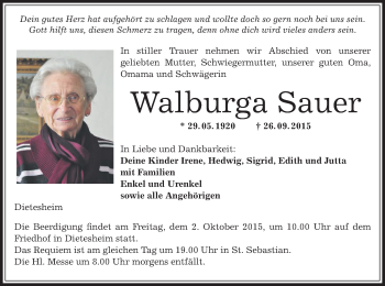 Traueranzeige von Walburga Sauer von Offenbach