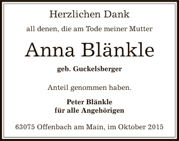 Traueranzeige von Anna Blänkle von Offenbach