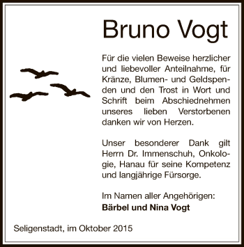 Traueranzeige von Bruno Vogt von Offenbach