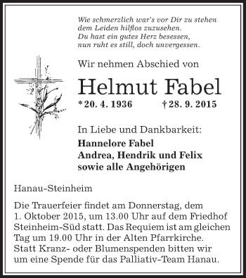 Traueranzeige von Helmut Fabel von Offenbach