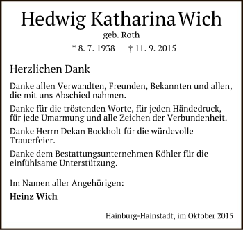 Traueranzeige von Hedwig Katharina Wich von Offenbach