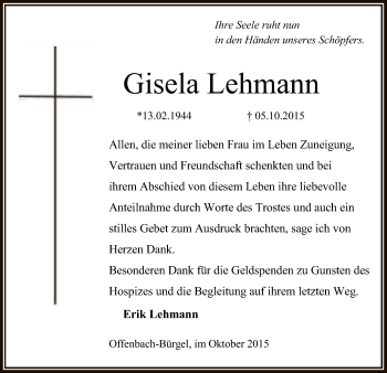 Traueranzeige von Gisela Lehmann von Offenbach