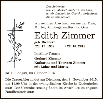 Traueranzeige von Edith Zimmer von Offenbach