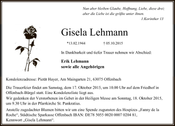 Traueranzeige von Gisela Lehmann von Offenbach