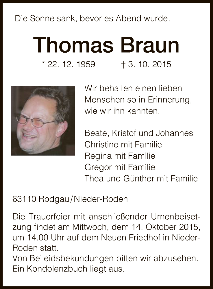  Traueranzeige für Thomas Braun vom 08.10.2015 aus Offenbach