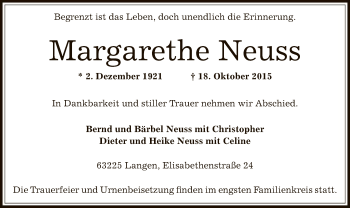 Traueranzeige von Margarethe Neuss von Offenbach