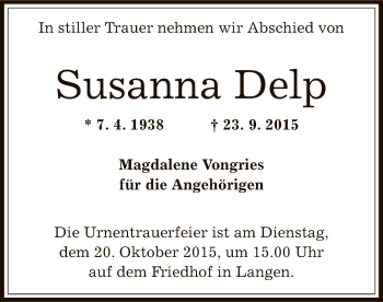 Traueranzeige von Susanna Delp von Offenbach