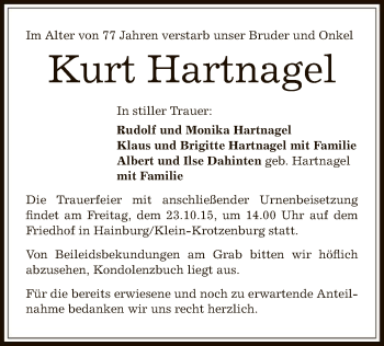 Traueranzeige von Kurt Hartnagel von Offenbach