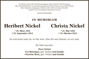 Traueranzeige von Heribert und Christa Nickel von Offenbach