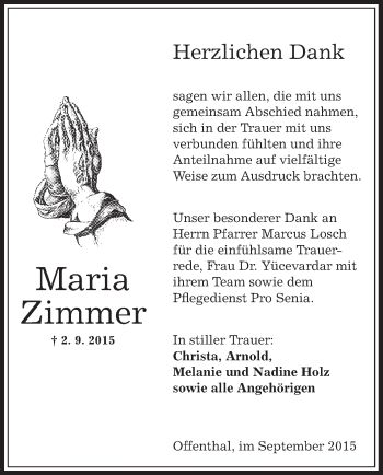 Traueranzeige von Maria Zimmer von Offenbach