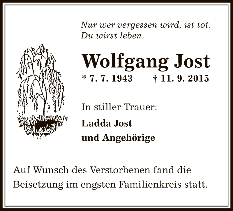 Traueranzeigen Von Wolfgang Jost Trauer Op Online De