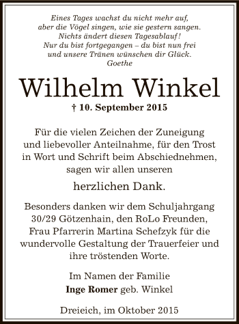 Traueranzeige von Wilhelm Winkel von Offenbach