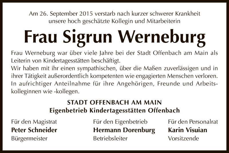  Traueranzeige für Sigrun Werneburg vom 10.10.2015 aus Offenbach