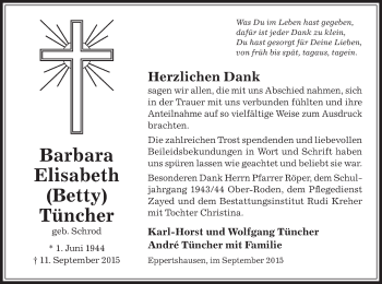 Traueranzeige von Barbara Elisabeth Tüncher von Offenbach