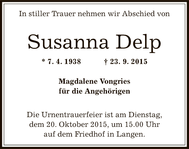  Traueranzeige für Susanna Delp vom 13.10.2015 aus Offenbach