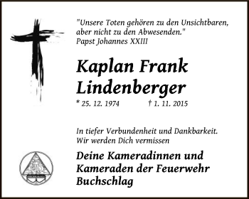 Traueranzeige von Kaplan Frank Lindenberger von Offenbach