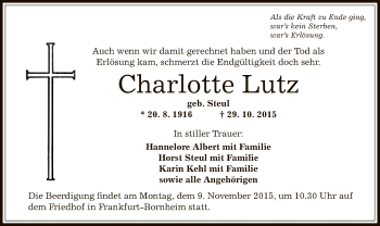 Traueranzeige von Charlotte Lutz von Offenbach