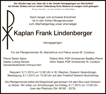 Traueranzeige von Frank Lindenberger von Offenbach