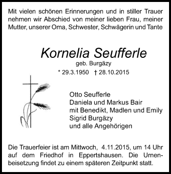 Traueranzeige von Kornelia Seufferle von Offenbach