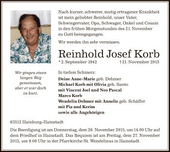 Traueranzeige von Reinhold Josef Korb von Offenbach