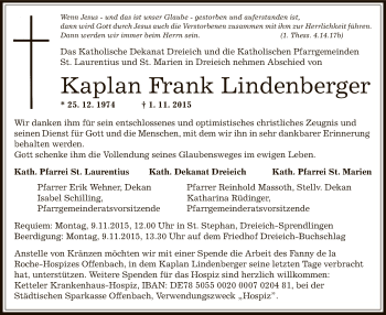 Traueranzeige von Kaplan Frank Lindenberger von Offenbach