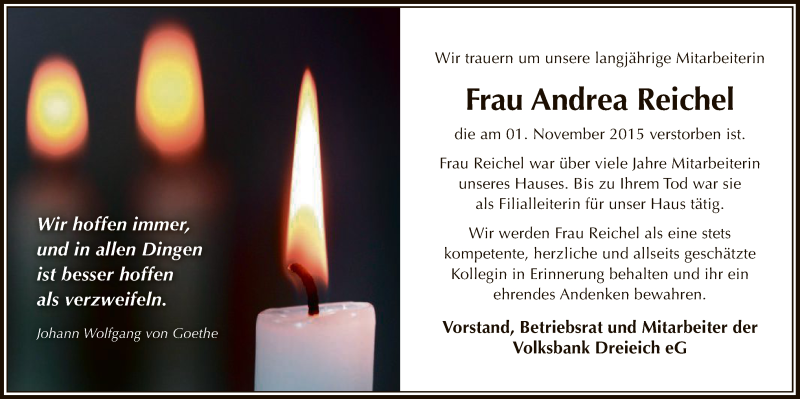 Traueranzeige für Andrea Reichel vom 19.11.2015 aus Offenbach