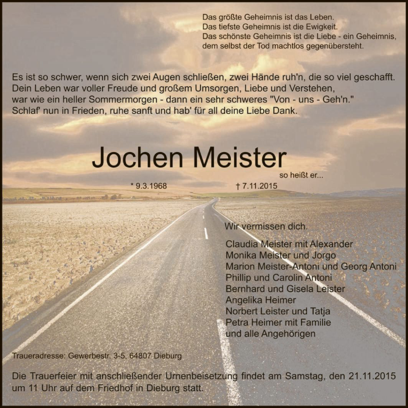  Traueranzeige für Jochen Meister vom 14.11.2015 aus Offenbach