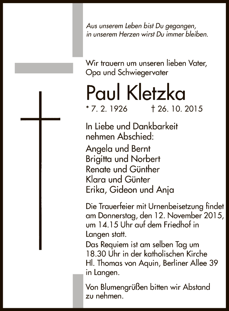  Traueranzeige für Paul Kletzka vom 30.10.2015 aus Offenbach