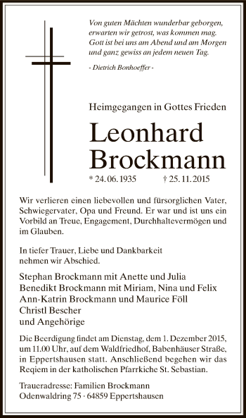 Traueranzeige von Leonhard Brockmann von Offenbach