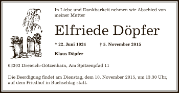 Traueranzeige von Elfriede Döpfer von Offenbach