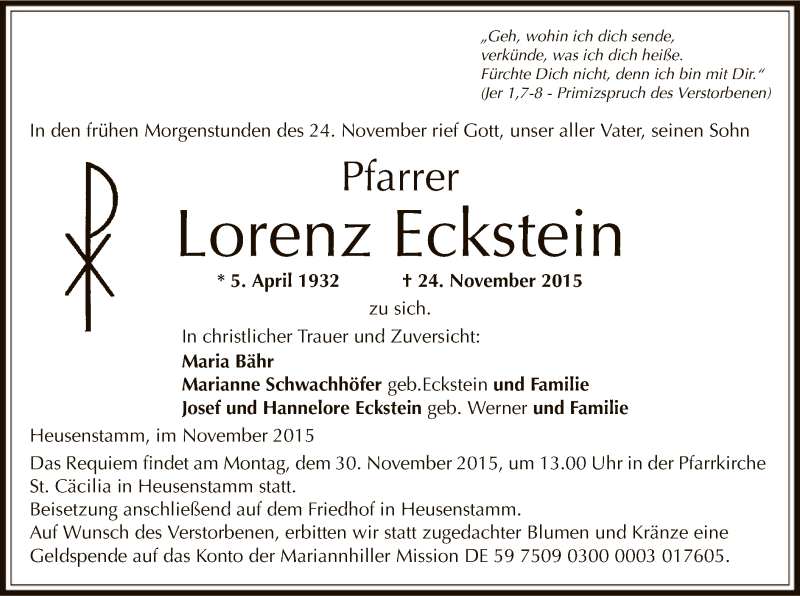  Traueranzeige für Lorenz Eckstein vom 28.11.2015 aus Offenbach