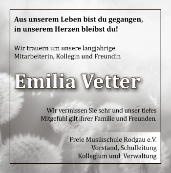 Traueranzeige von Emilia Vetter von Offenbach