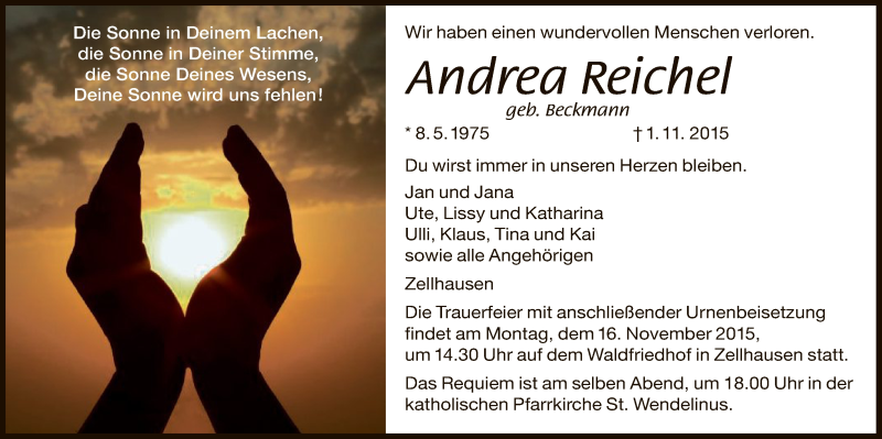  Traueranzeige für Andrea Reichel vom 07.11.2015 aus Offenbach