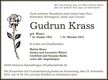 Traueranzeige von Gudrun Krass von Offenbach