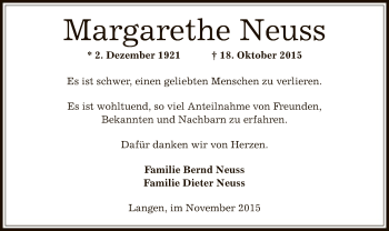 Traueranzeige von Margarethe Neuss von Offenbach