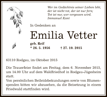 Traueranzeige von Emilia Vetter von Offenbach