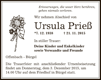 Traueranzeige von Ursula Prieß von Offenbach