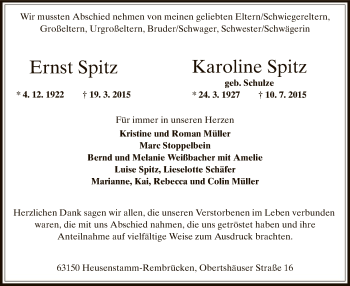 Traueranzeige von Ernst und Karoline Spitz von Offenbach