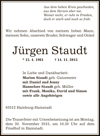 Traueranzeige von Jürgen Staudt von Offenbach